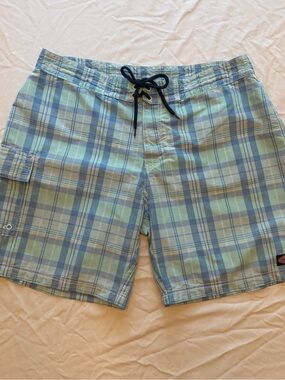 Vineyard Vines Blue and Mint Plaid Swim Board Shorts, Size 35